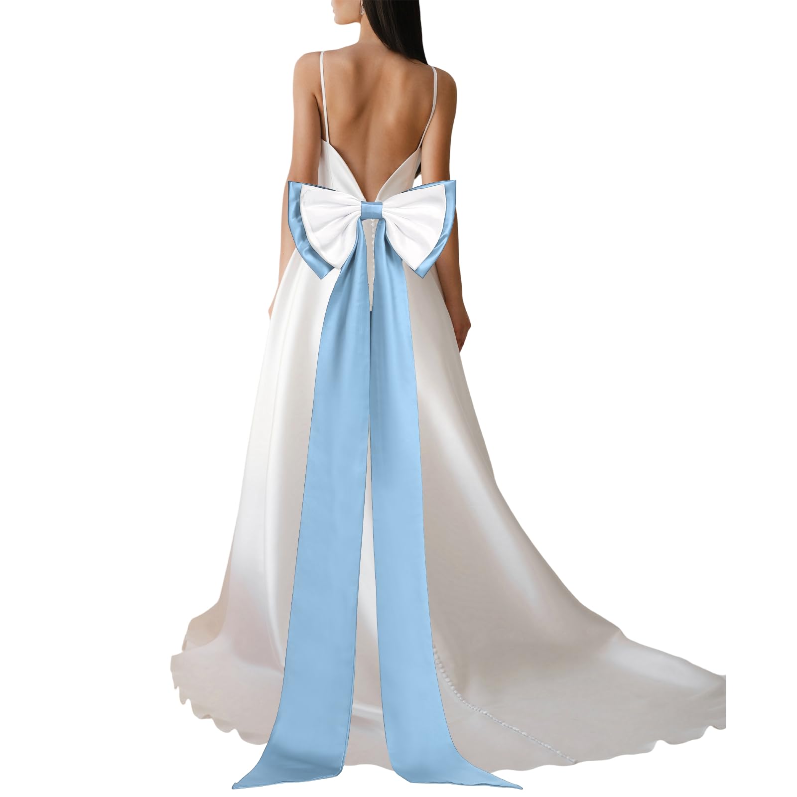 YELARXI Satin Big Bow for Wedding Dresses, Long Detachable Satin Bow Sweep Train - Fitting for (Formal Dress - Sash Belt - Wedding Accessories - Women) 59 Inch & Blue/White