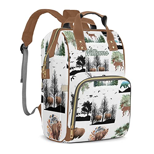 zaaprintblanket Custom Woodland Winter Animals Pine Tree Diaper Bag Backpack with Name Personalized Nappy Baby Bag for Women Mommy Girl Gift