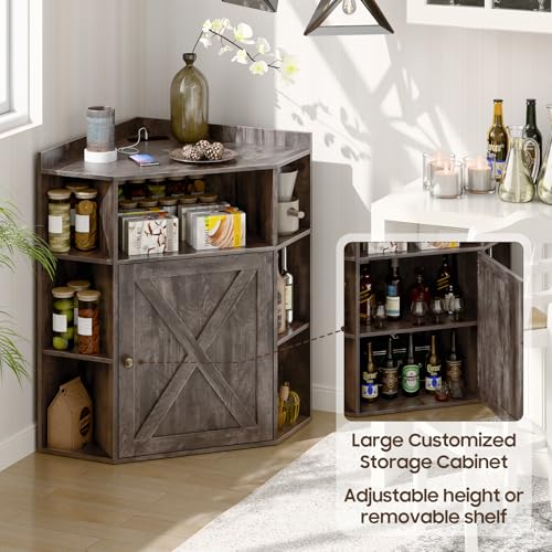 Image of Halitaa Corner Storage Cabinet, Farmhouse Corner Bookshelf with Storage 6-Cubby Wooden Cabinet with USB Ports and Outlets Industrial Organizer for Small Space, Study, Playroom, Living Room
