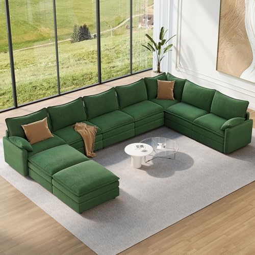 Image of Vesgantti Large Modular Sectional Sofa, Big Comfy Cloud Couch with Ottoman Deep Seat Chenille Cloud Sofa, 9 Seater Large Sectional Couches for Living Room, Bedroom and Apartment, Green