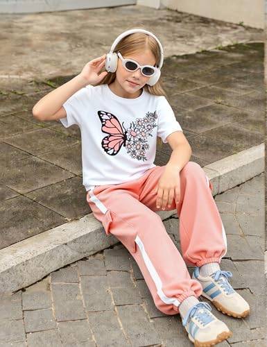 Image of Girls 2 Piece Outfit, Graphic Short Sleeve T-Shirt and Cargo Jogger Sweatpants Set, Ages 4-13