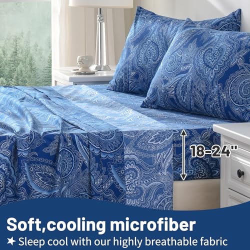 Bedlifes King Size Extra Deep Pocket Sheet Sets - Fits Mattresses Up to 18-24" Thick, 4-Piece Microfiber Set with 1800 Thread Count, Soft, Smooth, Breathable, Featuring Paisley Dark Navy Blue