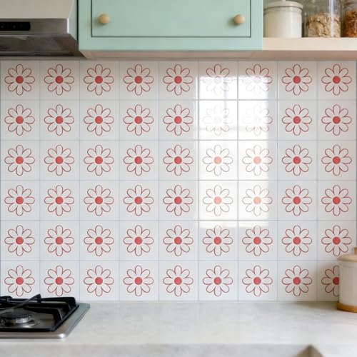Protector Salpicaduras Cocina 15x15cm Flor Roja Azulejos Adhesivos y Baldosas Adhesivas Pared,Material PVC Impermeable para Decoración, Baño y Espacios Interiores