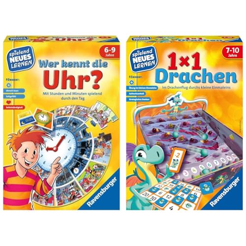 Ravensburger 24995 - Wer kennt die Uhr? & 24976-1x1 Drachen - Lernspiel für Kinder, Rechenspiel für Kinder von 7-10 Jahren, für 2-4 Spieler, Zahlenraum 1-100, kleines Einmaleins