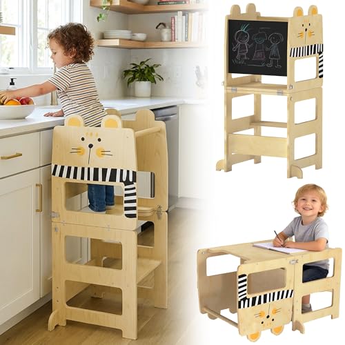 AIYAPLAY Torre de Aprendizaje 3 en 1 Plegable, Convertible en Escritorio y Silla, Taburete de Aprendizaje para Niños de 2-5 Años con Pizarra, Dibujos de Gatos, para Baño, Cocina, Natural