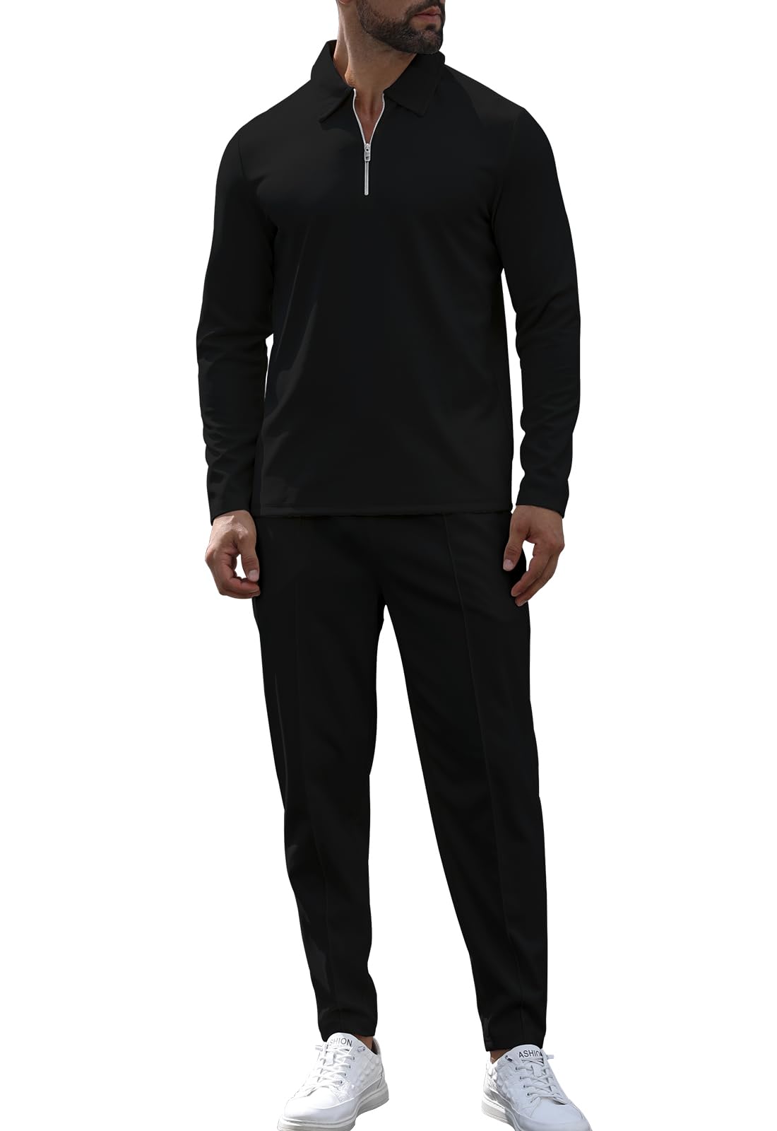 KUYIGO Męskie dresy polo z zamkiem 1/4 2-częściowe stroje sweter z długim rękawem zestaw dresowy bluza i joggery na co dzień topy waflowe dół sport odzież sportowa strój golfowy S-XXL