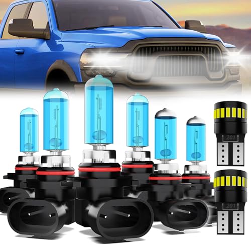 Image of Headlight Bulbs License Plate Lights Fit For Dodge Ram 2016-2018 with projector, 9005 High Beam + 9005 Low Beam + 9145 Fog Lights Halogen Light Bulb + License Plate Lights, Pack of 8