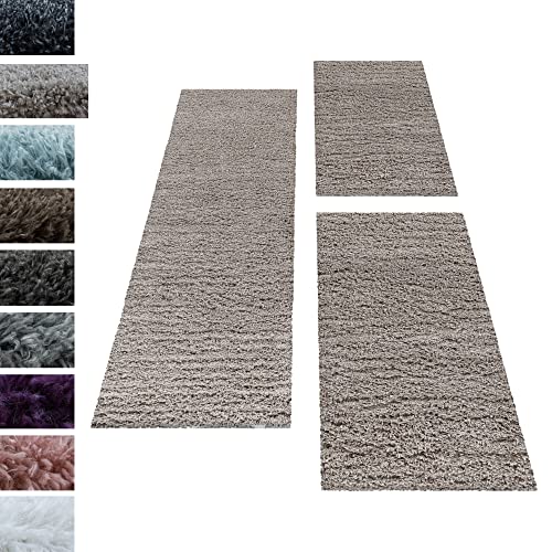 Carpettex Bettumrandung Schlafzimmer 3teilig Shaggy Teppich Hochflor Läuferset Design Beige Bettset:2 mal 60x110 + 1 mal 80x150 - Bettvorleger Schlafzimmer Weich Langflor Bettumrandung Teppich Set