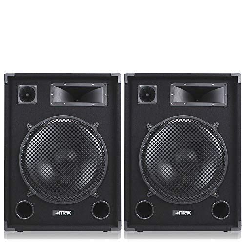 MAX15 15 inch Passive DJ PA Speaker Pair, 2000W Total Power, Professional 3-Way System with 15 Woofers, Bullet Tweeters, Midrange Horn, Acoustic Carpet, Portable Handles, Pole Mount
