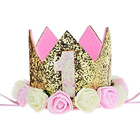 RONGRONG Baby Girl First Birthday Crown Hat Princess Tiara Party Crown with Rose flowers for 1st Birthday Girl Decorations Premium Party Supplies Cover
