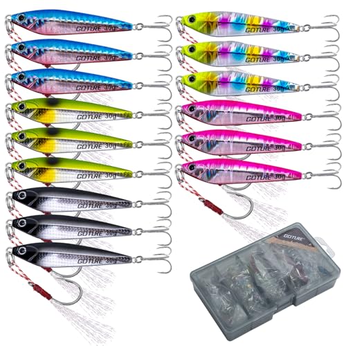 Goture 15 Stück Kunstköder Set, Angelköder Pilker Wobbler Fischlöffel Fischköder Forell für Salzwasser Süßwasserforellen Lachs, Forelle, Köder mit Drillingshaken 30g