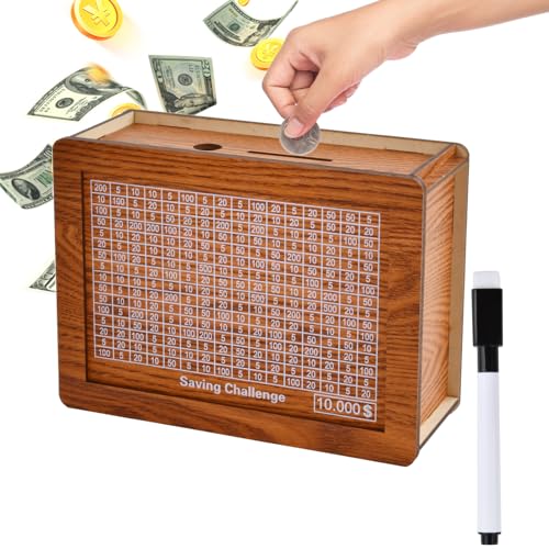BUUFAN Piggy Bank for Kids Adults Wooden Money Saving Box with Built-in Challenge - Fun and Motivational Cash Saving Box for Kids and Adults Best Gift for Friends?$10000?