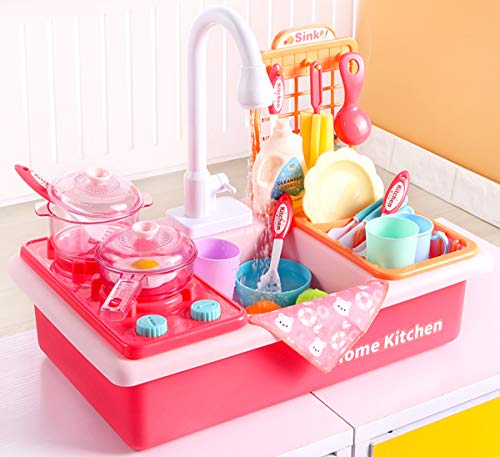 Play Kitchen Sink Toys with Automatic Faucets, Kids Kitchen Set Dishwasher with Cooking