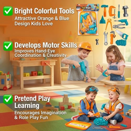 Image of SHAKTISM Tool Helper Kids Pretend Play Tool Set for Boys & Girls (3+ Years) | Multi-Function Engineer Toy Kit with Drill, Wrench, Screwdriver & Accessories | Construction Role Play Gift Pack