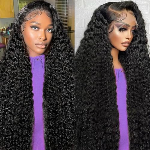 Image of LAINSS Deep Wave Lace Frontal Wigs Human Hair Pre Plucked Wet and Wavy 13X6 Lace Front Wigs Human Hair Glueless Brazilian Natural Black Deep Curly Wigs for Black Women 210% Density 18Inch