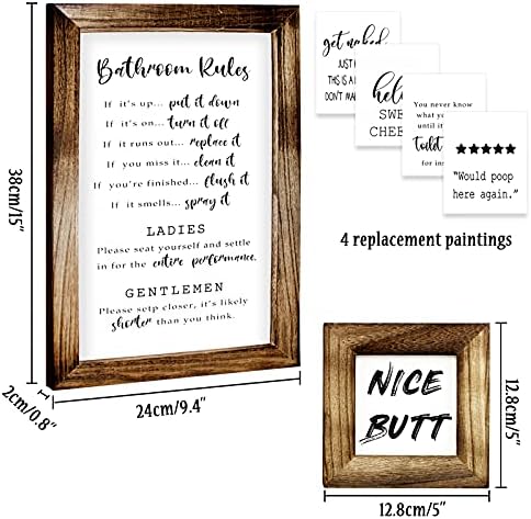 Hioph Bathroom Wall Art Set, 2 Pcs Toilet Wall Signs Decor in Frame and 8 Interchangeable Sayings and Quotes Pictures Vintage Prints Poster Beautify Your Restroom