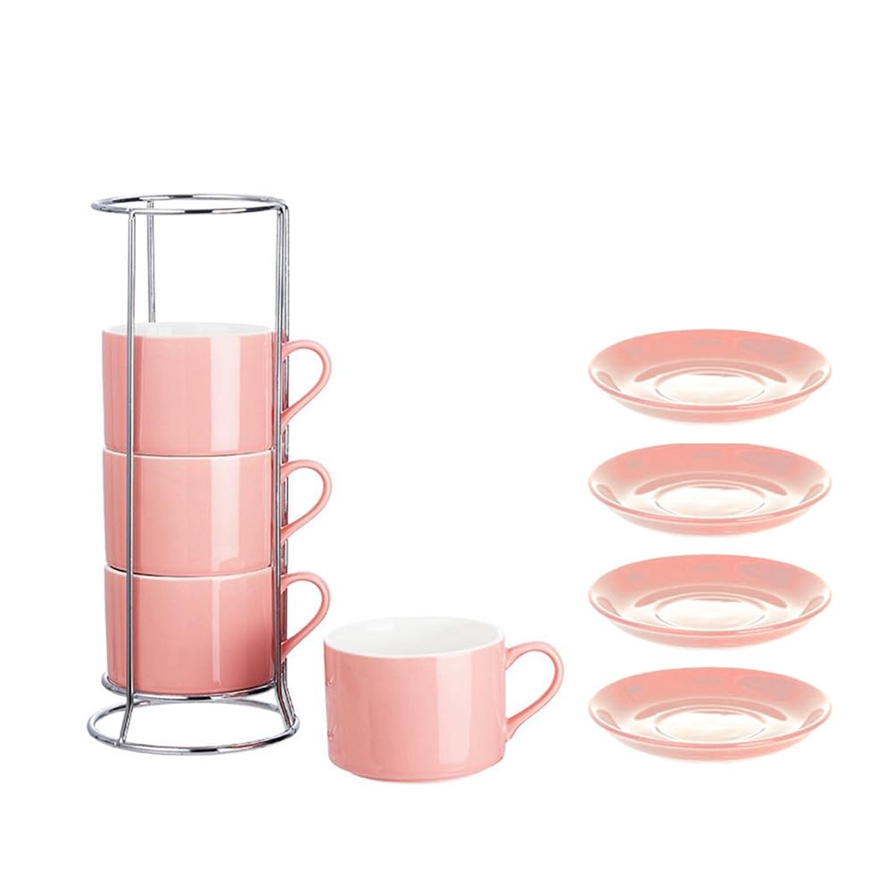 CTRLZS Porcelain Stackable Cappuccino Cups with Saucers and Metal Stand, Espresso Cups for Latte Coffee Cafe,Specialty Coffee C