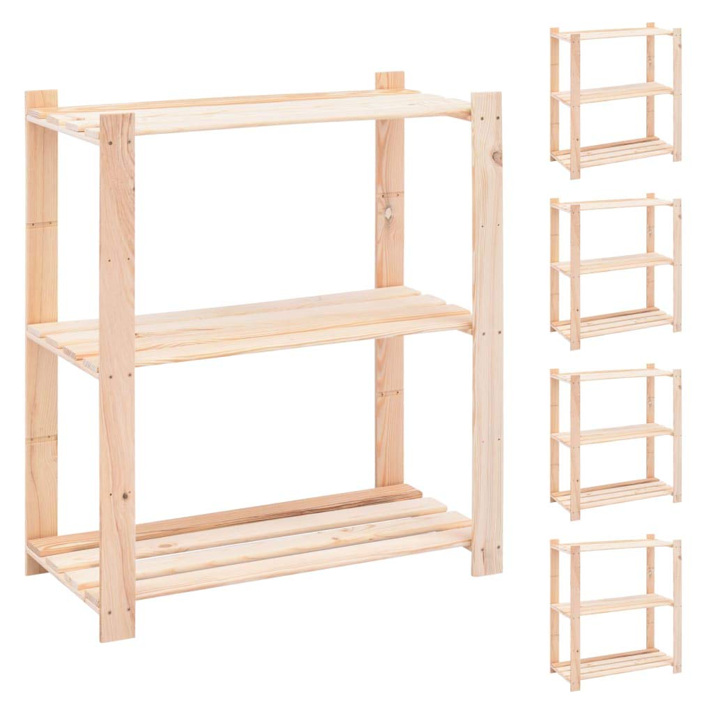 Estantería de almacenamiento con 3 baldas, 5 unidades, 80 x 38 x 90 cm, madera maciza de pino de 150 kg, para almacenamiento en sótano, garaje, taller con compartimento de almacenamiento