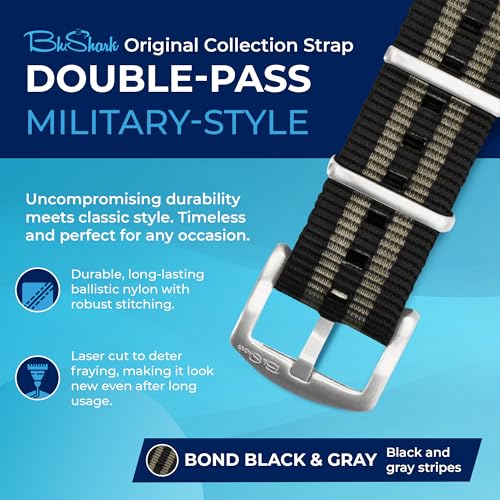Image of BluShark - Original Collection Military-Style Waterproof Watch Strap, Fits All Timepiece Brands, Durable Nylon Wristwatch Accessories with Stainless Steel Buckle - 18mm, 20mm, 22mm & 24mm Watch Bands