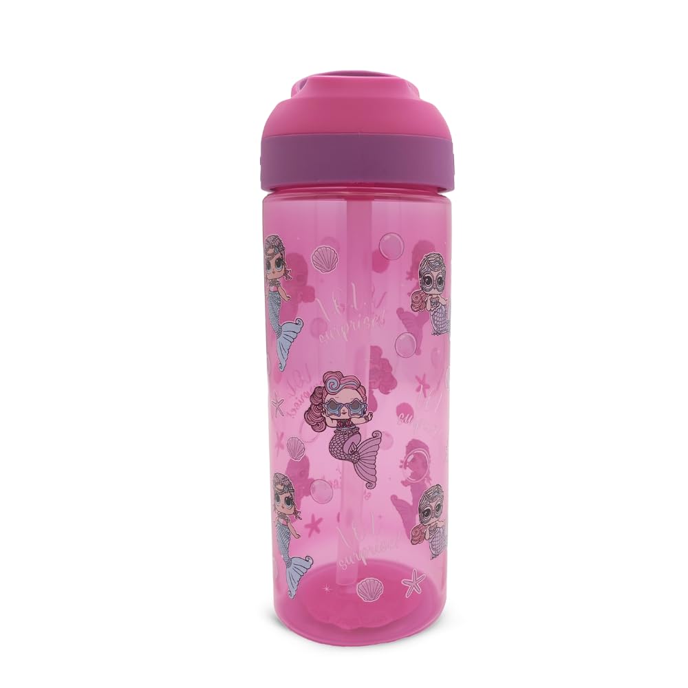 HOX LOL Surprise Mermaids Bottle – 600 ml | Food-Safe Plastic Bottle with Carry Loop | Spills-Proof Flip-Up Spout Reusable Travel Bottle for Kids, Pink