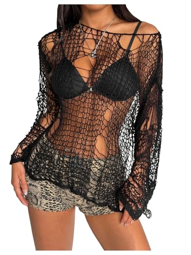 Image of SHENHE Women's Distressed Grunge Bikini Coverup Y2k Gothic Hollow Out Rock Concert Top