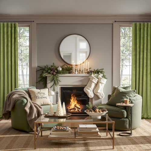 Image of Moss Green Velvet Curtains 84 Inch Long 2 Panel Thick Soft Luxury Sage Olive Green Curtain for Living Room Darkening Thermal Insulated Privacy Drape Bedroom Sliding Door 52x84 Floor Length Back Tab