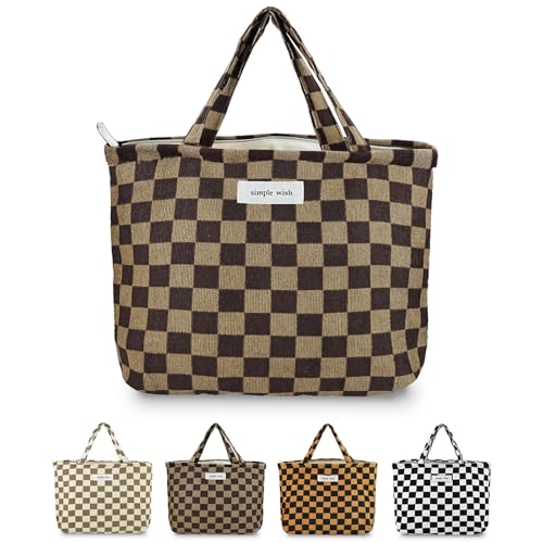 Sminra Small Tote Bag for Women, Checkered Corduroy Bible Bag with Zipper
