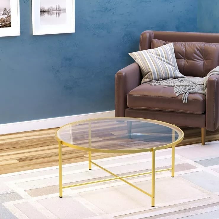 ArmOq Gold Metal Frame Round Coffee Table with Tempered Glass Top