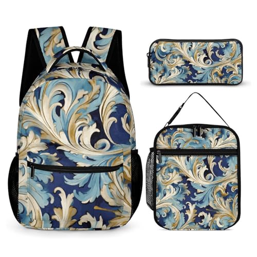 Elegant Blue Gold Florentine Backpack Set Lightweight Bag Lunch Box Pencil Bags for Women Men Bookbags 3 in 1