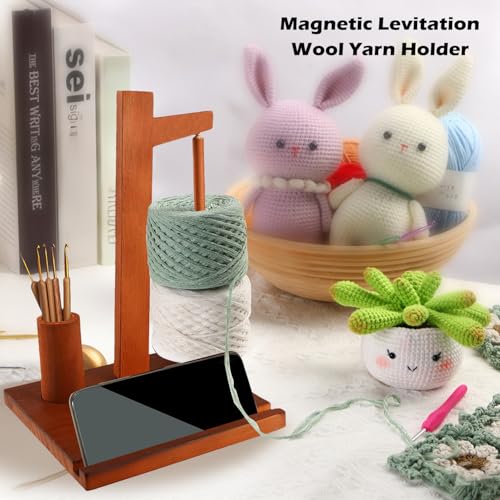 Image of Rumexeng Wooden Yarn Holder with Phone Stand, Wooden Yarn Spool Rack for Crocheting and Knitting, Crochet Hook Storage, Magnetic Yarn Ball Spinner Holder, Ideal Gift for Craft Lovers (Brown)