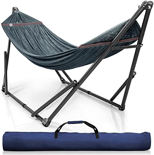 Tranquillo Double Hammock with Stand Included for 2 Persons/Foldable Hammock Stand 550 lbs Capacity Portable Case - Inhouse, Outdoor, Camping, Grey