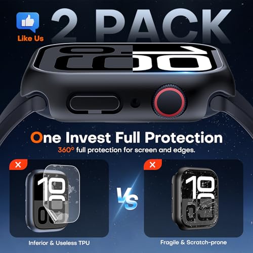 Image of TAURI 2 Pack Hard Case for Apple Watch Series 11 /10 46mm, with PC Tempered Glass Screen Protector, [Scristant Resistant] [Overall Protection] Slim Cover for iWatch S11 / S10 46mm, Black