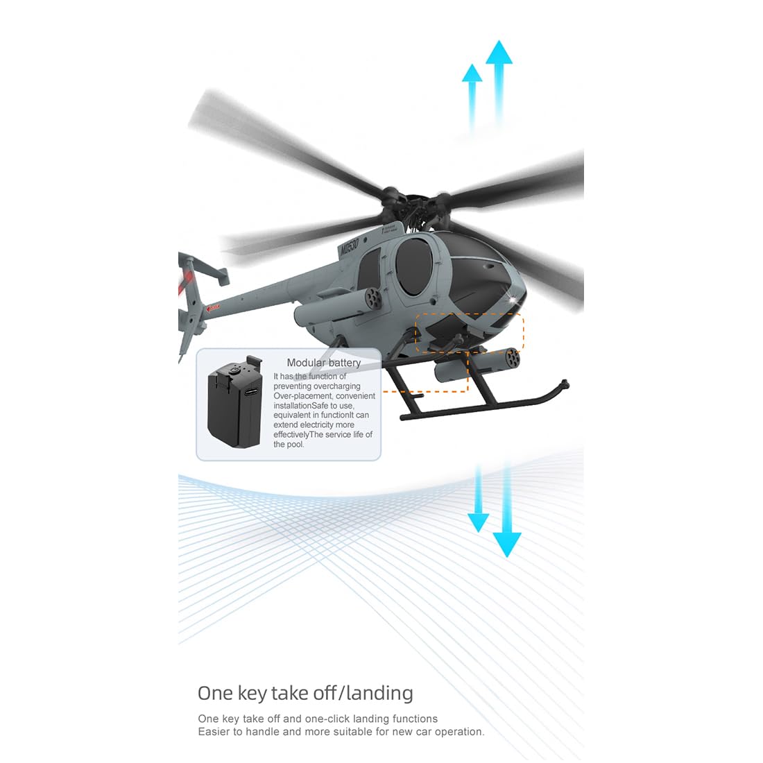 C184 RC Helikopter Ferngesteuerter Hubschrauber Outdoor, 1:48 MD500 Flybarless Heli mit 6-Achsen-Gyro, Optischer Fluss & Höhenhaltung, 2,4GHz 4-Kanal Fluggerät für Erwachsene, Grau