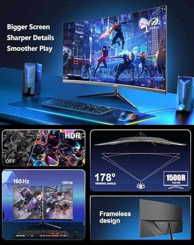 Image of 32 Inch Curved Gaming Monitor, 165Hz QHD 1440P VA Computer Screen, 1500R, 3500:1 Contrast Ratio, 98% sRGB, HDR10, Frameless Design for PC and Console Gaming, HDMI, DP, VESA
