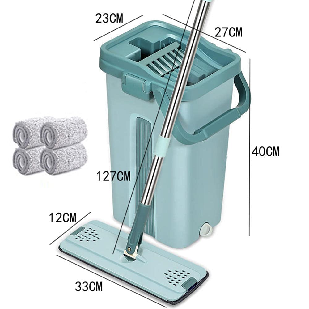 Mop płaski zestaw 2 mopów do mycia wielokrotnego użytku 2 w 1, Magic Mop z uchwytem ze stali nierdzewnej, bez użycia rąk, mop i mop do podłogi z funkcją wykręcania, system wiadra do podłóg z twardego drewna