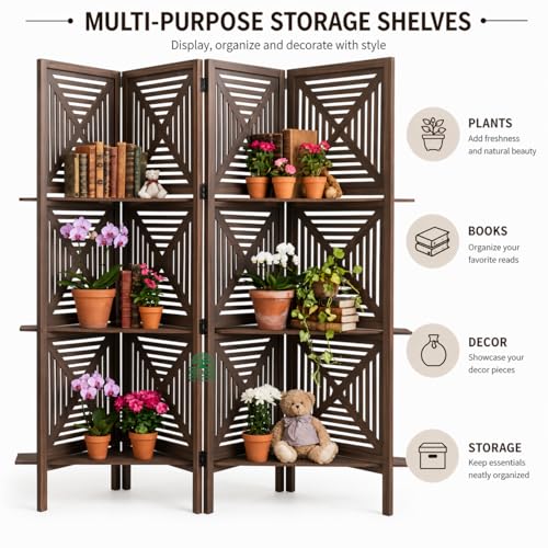 Image of Wooden Room Divider 6 Feet, 4-Panel Folding Wooden Partition for Living Room, Office, Pooja Room, Restaurant, Kitchen & Balcony (2W x 1.82H Meters). (Coffee-Shelves)