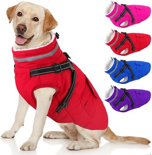 Dogcheer Dog Coat with Harness, Waterproof Warm Dog Winter Jacket with Pockets, Reflective Pet Fleece Jacket Turtleneck Snowsuit for Small Medium Large Dogs - Red, M
