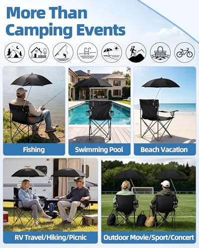 Image of 2PCS Camping Chairs with Detachable Umbrella, HaSteeL Folding Beach Chair for Adults, Large Portable Foldable Chair for Outdoors Fishing Hiking Travel Picnic Lawn, Supports 275lbs, Storage Bags, Black