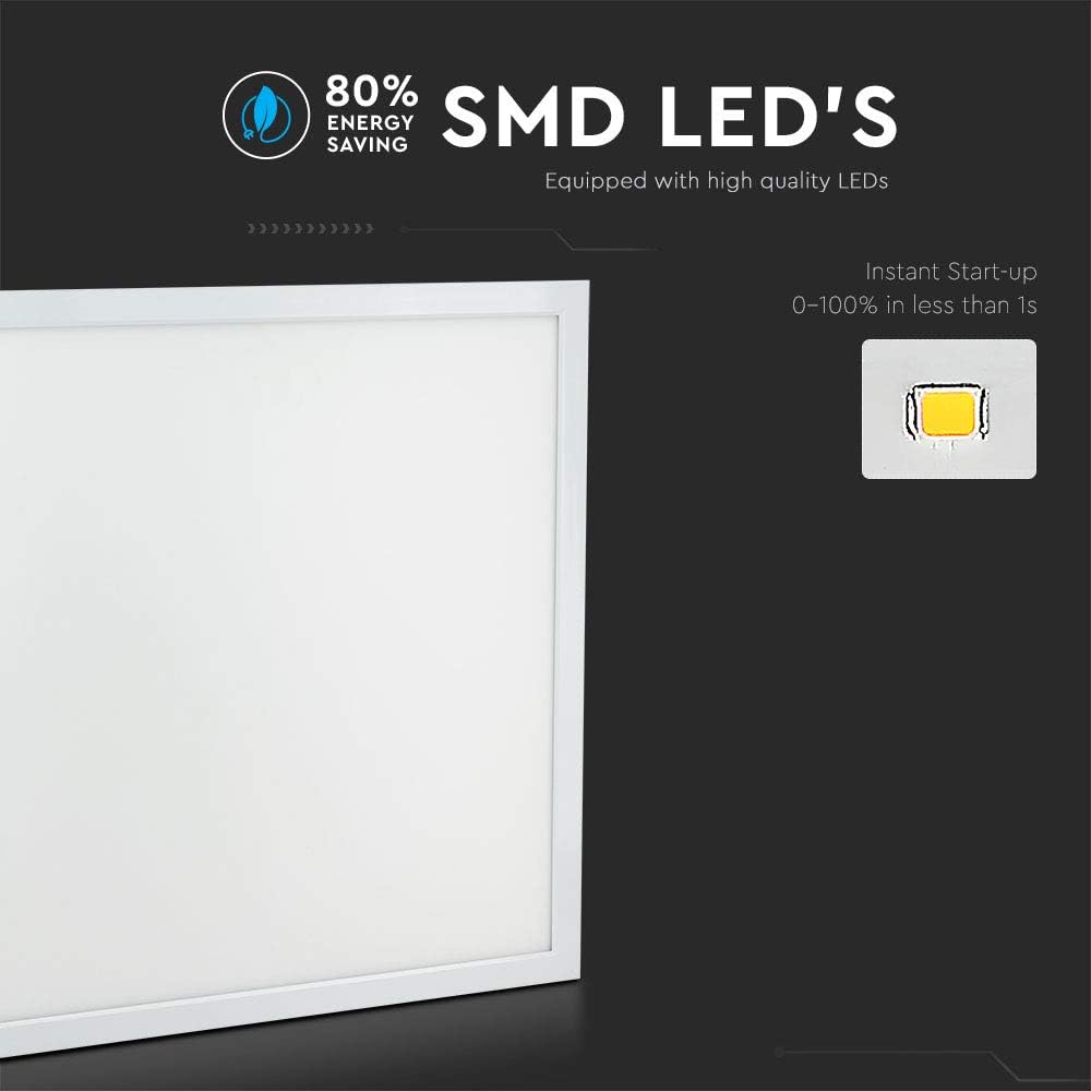 V-TAC LED Panel highlighting 80% energy saving and instant start-up