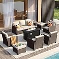 VICLLAX 8 Pieces Outdoor Furniture Set, Patio Rattan Conversation Sets with Metal Fire Pit Table, 3-Seat Sofa Couch, Single Chairs & Ottomans, Cushioned Outdoor Sectional for Porch Garden Deck, Brown