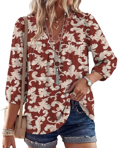 Rapbin Womens Christmas Tops Red Shirts Elegant Tunics Cover Bell Curvy Cozy V Neck 3/4 Sleeve Outfits L