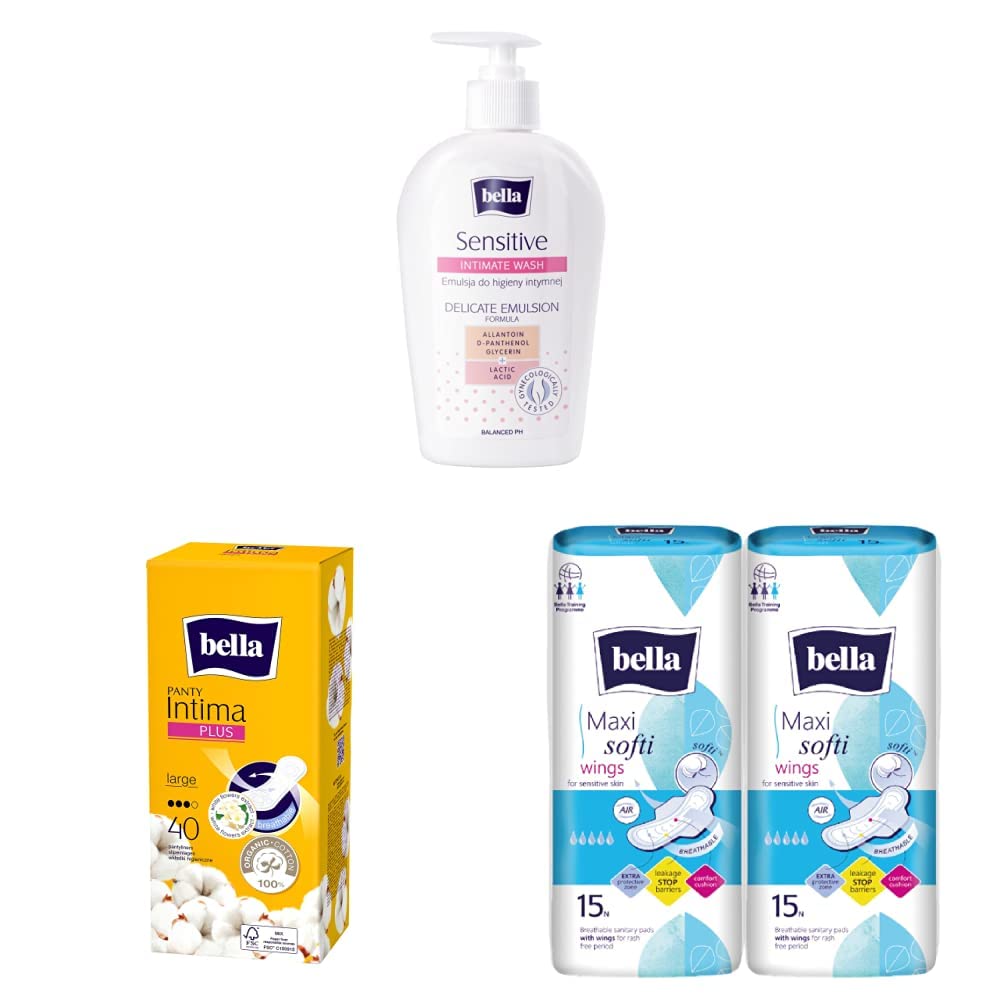 Bella Sensitive Intimate Wash Delicate Emulsion, 300 Ml & Panty Intima Plus Panty Liners - 40 Count (Large) (Pack of 1) & Maxi Soft Wings Classic Sanitary Pads - 15 Pieces (Pack of 2)