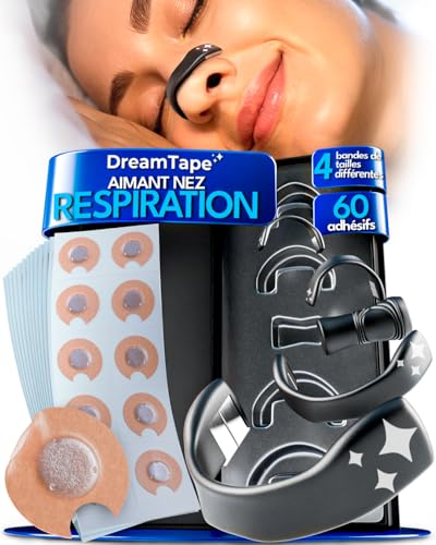 DreamTape® Bande Nasale Magnétique – 4 Bandes de Silicone + 60 Patchs Nasaux Magnétiques – Anti Ronflement Nez – Aimant Respiration Nez – Kit de 30 Utilisations