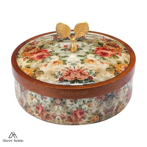 Image of Handcrafted Premium Wooden Roti Casserole, Roti box, Chapati Box, Hotpot roti box, Roti Dabba, Wooden Roti box with Gold Embossed Butterfly Knob(9x9x4 Inch)