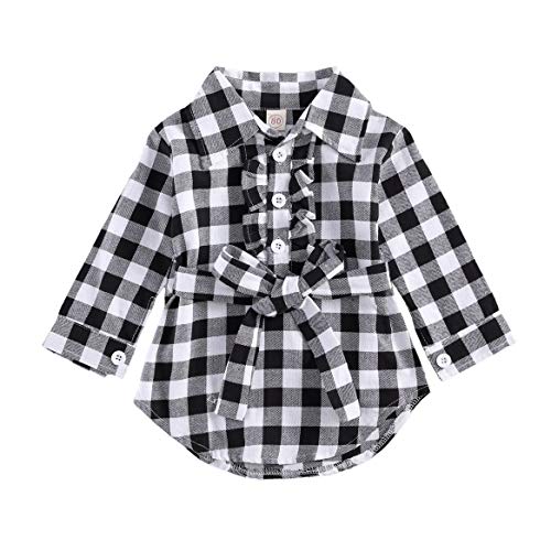 Kids Toddler Baby Girls Christmas Red Plaid Dress Long Sleeve Belted Button Down Flannel Shirt Dress Xmas Outfits (Black, 3-4T)