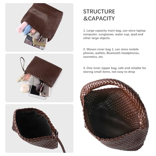 Image of Woven Bag for Women Vegan Leather Tote Bag Large Summer Beach Travel Handbag and Purse Retro Handwoven Shoulder Bag