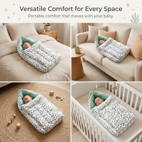 Image of 3-in-1 Baby Bed & Sleeping Bag for Newborn | Portable Cotton Baby Bedding Set | Unisex Carry Nest & Baby Holder for New Born | Soft & Lightweight Infant Sleep Bag (Grey Leaves)