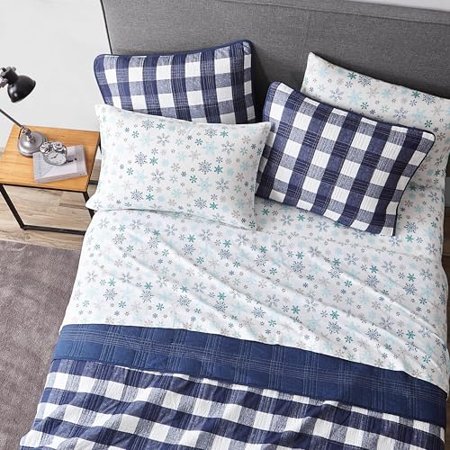 Image of Eddie Bauer - Flannel Sheets Twin Size, Anti-Pilling & Wrinkle Resistant Cotton, Touchably Soft for All-Season Comfort - Bed Sheets with Matching Pillowcase & Fitted Sheet (Tossed Snowflake Blue)