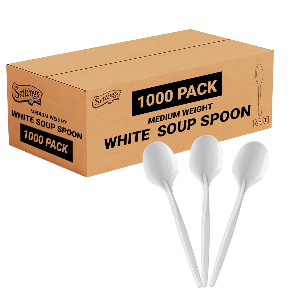 1000 Count Medium Weight White Plastic Soup Spoons Bulk Plastic Silverware For Parties, Weddings, Catering, Take out Single-Use Soup Spoon