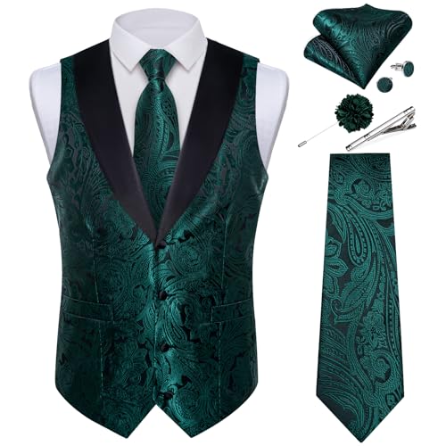 Image of DiBanGu Mens Paisley Suit Vest Silk Jacquard Waistcoat and Necktie Set Formal Shawl Collar Dress Vest 7PCS for Wedding Party